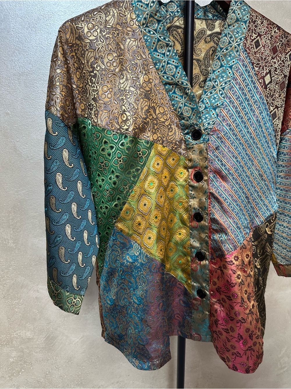 Sacred Threads Multicolor Patchwork Satin Button-Front Top - Picture 4 of 13